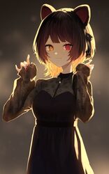  animal_ears black_dress breasts brown_dress brown_hair cleavage closed_mouth dog_ears dog_hair_ornament dress female hair_ornament hands_up heterochromia highres inui_toko inui_toko_(5th_costume) long_sleeves looking_at_viewer nail_polish nijisanji nrmrmn official_alternate_costume official_alternate_hair_length official_alternate_hairstyle print_dress red_eyes red_nails see-through see-through_cleavage short_hair sleeves_past_wrists solo upper_body virtual_youtuber yellow_eyes 