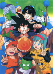  1990s_(style) 6+boys :d absurdres antennae aqua_hair arm_on_another&#039;s_head arm_up ball baseball_cap black_eyes black_hair blue_eyes brown_footwear bulma_briefs cape carrying clothes_writing colored_skin copyright_name crossed_arms day dende dougi dragon_ball dragon_ball_(object) dragon_ball_z earrings emblem father_and_son female flexing green_skin green_sky grin hairband hat height_difference highres holding holding_ball jewelry kuririn logo lolicon long_sleeves medium_hair multiple_boys muscular muscular_male nail_(dragon_ball) namek namekian no_eyebrows non-web_source official_art open_mouth outdoors piccolo piggyback pointy_ears profile retro_artstyle saiyan scan sky smile son_gohan son_goku spiked_hair standing stud_earrings sweatdrop teeth turban upper_teeth_only v white_cape wristband 