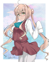  ascot blue-framed_eyewear blue_ascot double_bun dress female gakky glasses grey_pantyhose hair_bun halterneck kantai_collection long_hair long_sleeves makigumo_(kancolle) one-hour_drawing_challenge pantyhose pink_hair purple_dress school_uniform shirt sleeves_past_fingers sleeves_past_wrists solo standing twintails white_shirt yellow_eyes 