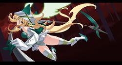  akatsuki_kirika blonde_hair breasts clenched_teeth elbow_gloves female flying gloves glowing green_eyes headgear highres leotard long_hair medium_breasts nyanmaru scythe senki_zesshou_symphogear solo striped_clothes striped_thighhighs teeth thighhighs white_leotard x-drive_(symphogear) 