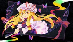  artist_name bad_id bad_twitter_id blonde_hair blush bow bright_pupils bug butterfly closed_mouth commentary dress espoircristal eyebrows_hidden_by_hair female floating_hair folded_fan folding_fan gap_(touhou) gradient hair_between_eyes hairbow hand_fan hand_on_own_chin hat hat_ribbon head_rest highres holding holding_fan inactive_account long_hair long_sleeves looking_at_viewer mob_cap orange_eyes purple_tabard red_bow red_ribbon ribbon smile solo tabard touhou very_long_hair white_dress white_hat white_pupils wide_sleeves yakumo_yukari 