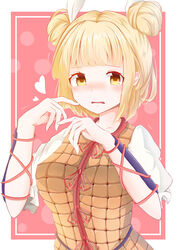  absurdres armor blonde_hair blunt_bangs blush border breasts collarbone commentary_request double_bun female hair_bun hair_ribbon hands_up highres joutouguu_mayumi large_breasts looking_at_viewer myan_(myan3891) neck_ribbon nose_blush outside_border parted_lips pink_background puffy_short_sleeves puffy_sleeves raised_eyebrows red_ribbon ribbon shirt short_sleeves simple_background solo touhou trembling upper_body vambraces white_border white_ribbon white_shirt yellow_eyes 