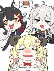  +_+ 3girls :3 :d =_= ahoge animal_ears black_hair blonde_hair blush boned_meat bow bowtie braid drooling food fork grey_eyes grey_hair hair_ornament hairclip hands_up highres holding holding_fork hololive horns imminent_cannibalism lion_ears long_hair long_sleeves looking_at_viewer meat mikan_(chipstar182) mouth_drool multicolored_hair multiple_girls nose_blush oerba_yun_fang ookami_mio ookami_mio_(casual) open_mouth orange_eyes red_bow red_bowtie shared_thought_bubble sheep_ears sheep_girl sheep_horns shishiro_botan shishiro_botan_(1st_costume) simple_background smile spoken_symbol streaked_hair tearing_up tears thought_bubble tsunomaki_watame tsunomaki_watame_(1st_costume) v-shaped_eyebrows virtual_youtuber wavy_mouth white_background wolf_ears 