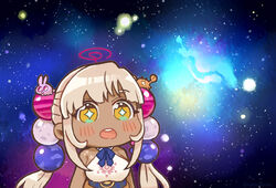  +_+ :o absurdres beads chibi commentary dark-skinned_female dark_skin dated_commentary female hair_beads hair_ornament highres hololive hololive_english kaniko_(tsukumo_sana) light_brown_hair limiter_(tsukumo_sana) long_hair meme parody planet_hair_ornament same_anko solo space space_cat_(meme) star_(sky) symbol-only_commentary tsukumo_sana tsukumo_sana_(1st_costume) twintails usaslug_(tsukumo_sana) virtual_youtuber yellow_eyes 