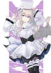  absurdres azur_lane belt black_belt black_footwear black_pantyhose blue_eyes boots coat cross cross_necklace dress female fur-trimmed_coat fur-trimmed_collar fur-trimmed_headwear fur_hat fur_trim hands_up hat heterochromia highres jewelry knee_boots long_hair looking_at_viewer murmansk_(azur_lane) necklace northern_parliament_(emblem) pantyhose papakha platinum_blonde_hair purple_eyes sankyo_(821-scoville) simple_background solo standing white_coat white_dress white_hat winter_clothes winter_coat 