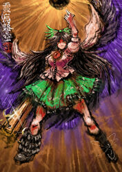  2b-ge arm_cannon arm_up asymmetrical_footwear atom bird_wings black_hair black_wings blouse bow cape control_rod female full_body green_bow green_skirt hairbow highres long_hair mismatched_footwear one-hour_drawing_challenge open_mouth pointing pointing_up puffy_short_sleeves puffy_sleeves reiuji_utsuho shirt shoes short_sleeves single_shoe skirt solo third_eye touhou very_long_hair weapon white_cape white_shirt wings yellow_eyes 