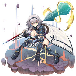  absurdres armor armored_boots belt black_gloves boots braid breasts brown_belt brown_thighhighs chest_guard cleavage crack cracked_floor crown_braid debris female fighting_stance fingerless_gloves gloves green_eyes grey_hair hairband highres holding holding_weapon hololive large_breasts looking_at_viewer mace medium_hair mikan_(chipstar182) mole mole_on_breast open_mouth over_shoulder pauldrons pelvic_curtain shirogane_noel shirogane_noel_(1st_costume) shoulder_armor single_pauldron solo thighhighs vambraces virtual_youtuber waist_cape wavy_hair weapon weapon_over_shoulder white_background 