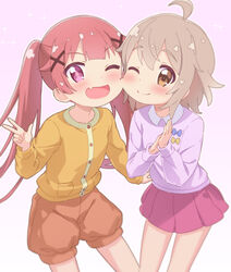  2girls ;) ;d ahoge blush brown_eyes brown_hair brown_shirt brown_shorts cheek-to-cheek closed_mouth collared_shirt commentary gradient_background hair_between_eyes hair_ornament heads_together jigatei_(omijin) konomori_kanon long_hair multiple_girls oerba_yun_fang one_eye_closed open_mouth outline pink_background pink_skirt pleated_skirt puffy_shorts purple_eyes purple_shirt shirt short_shorts shorts skirt smile sparkle symbol-only_commentary tanemura_koyori twintails very_long_hair watashi_ni_tenshi_ga_maiorita! white_background white_outline x_hair_ornament yuri 