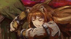  animal_ear_fluff animal_ears bad_cgsociety_id bad_id brown_hair clenched_teeth closed_eyes commentary elvafirst english_commentary female gauntlets highres long_hair raccoon_ears raccoon_girl raphtalia solo tate_no_yuusha_no_nariagari teeth upper_body 