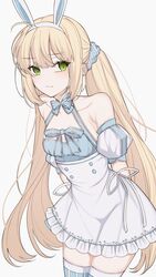  absurdres ahoge animal_ears argyle_clothes argyle_legwear arms_behind_back artoria_caster_(fate) artoria_caster_(swimsuit)_(fate) artoria_caster_(swimsuit)_(second_ascension)_(fate) artoria_pendragon_(fate) bare_shoulders blonde_hair blue_dress blue_thighhighs blush bow bow_legwear checkered_thighhighs collarbone dress dress_bow fake_animal_ears fate/grand_order fate_(series) female green_eyes grey_background hair_ornament hair_scrunchie highres long_hair looking_at_viewer mati5572 puffy_short_sleeves puffy_sleeves rabbit_ears scrunchie short_sleeves simple_background solo striped_clothes striped_thighhighs thighhighs twintails two-tone_thighhighs vertical-striped_clothes vertical-striped_thighhighs 