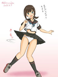  black_eyes black_hair black_sailor_collar black_skirt black_socks dated female fubuki_(kancolle) fubuki_kai_ni_(kancolle) geru kantai_collection kneehighs looking_at_viewer low_ponytail navel one-hour_drawing_challenge open_mouth panties pantyshot pleated_skirt sailor_collar school_uniform serafuku shirt short_hair short_ponytail sidelocks skirt smile socks solo spinning twitter_username underwear white_panties white_shirt 