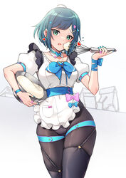  alternate_costume apron baking black_legwear blue_hair commentary cooking cosplay cure_spicy cure_spicy_(cosplay) delicious_party_precure detached_collar female flour fuwa_kokone hair_between_eyes highres holding holding_whisk mixing_bowl nail_polish panties panties_under_pantyhose pantyhose precure puffy_short_sleeves puffy_sleeves rumo self_cosplay short_hair short_sleeves solo symbol-only_commentary thighhighs thighhighs_over_pantyhose underwear whisk 