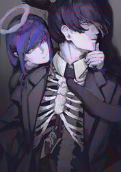  1boy absurdres black_hair black_jacket black_necktie bone braid braided_ponytail business_suit chainsaw_man female formal halo hayakawa_aki highres jacket long_hair long_sleeves looking_at_viewer makima_(chainsaw_man) necktie ribs ringed_eyes shirt short_hair sidelocks simple_background skeleton smile suit topknot w_lol_r 