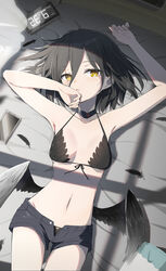  armpits arms_up bare_arms bare_shoulders black_bra black_choker black_hair black_shorts bra breasts choker feathered_wings feathers female front-tie_bra front-tie_top gotyou halterneck highres looking_at_viewer low_wings lying navel on_back open_fly original parted_lips short_hair short_shorts shorts small_breasts solo stomach string_bra underwear wings yellow_eyes 