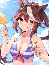  absurdres akitsuki_(oenothera) animal_ears bikini blue_bikini blue_eyes blue_sky breasts brown_hair cloud collarbone commentary_request day female food hair_between_eyes hair_ribbon highres holding holding_shell horse_ears horse_girl long_hair looking_at_viewer medium_breasts multicolored_hair pink_ribbon ponytail popsicle ribbon shell sky solo streaked_hair striped_bikini striped_clothes sun swimsuit tokai_teio_(umamusume) two-tone_hair umamusume upper_body white_hair 