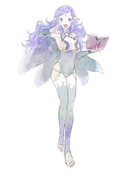  asymmetrical_bangs black_panties bodystocking book breasts bridal_gauntlets cape covered_navel female fire_emblem fire_emblem_fates full_body grey_eyes holding holding_book holding_weapon long_hair medium_breasts ophelia_(fire_emblem) osca panties purple_hair thighhighs toeless_footwear underwear weapon 