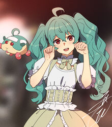  ahoge dress female green_hair hair_between_eyes kobayashi_gen long_hair looking_at_viewer molcar morgana_(school_girl_strikers) open_mouth paw_pose pui_pui_molcar red_eyes school_girl_strikers signature smile twintails wavy_hair 