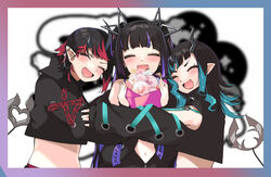  3girls absurdres black_hair black_jacket blue_hair blunt_bangs blush bouquet chains closed_eyes clothing_cutout commentary_request cropped_jacket cross-laced_clothes cross-laced_sleeves demon_girl demon_horns demon_tail ear_chain ear_piercing flower highres holding holding_bouquet horns hug jacket kojo_anna long_hair long_sleeves midriff multicolored_hair multiple_girls nanashi_inc. navel off_shoulder open_mouth piercing pink_flower pointy_ears purple_hair red_hair ryugasaki_rene shishio_chris shishio_chris_(1st_costume) short_hair shoulder_cutout smile sugar_lyric tail twintails two-tone_hair upper_body virtual_youtuber zipper zono_(inokura_syuzo029) 