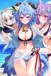  ahoge alternate_costume ass_visible_through_thighs beach bell bikini blue_bikini blue_hair blush breasts chinese_knot cleavage cone_hair_bun double_bun flower flower_knot ganyu_(genshin_impact) genshin_impact hair_bun hair_flower hair_ornament halo highres horns keqing_(genshin_impact) large_breasts long_hair looking_at_viewer mikage_(shibi) multiple_girls navel neck_bell nose_blush ocean open_clothes open_mouth outdoors paimon_(genshin_impact) purple_eyes purple_hair qingxin_flower school_swimsuit shoulder_grab sidelocks smile swimsuit tassel teeth thigh_gap vision_(genshin_impact) white_flower white_hair 