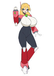  absurdres alia_(mega_man) alternate_breast_size android arm_cannon armor blonde_hair blue_eyes blush bodysuit breasts female funaya_(a2brasd) gloves green_eyes headset highres huge_breasts long_hair looking_at_viewer mega_man_(series) mega_man_x_(series) open_mouth robot_ears simple_background smile solo weapon white_background white_gloves 