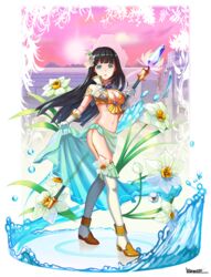  black_hair blue_eyes breasts capelet cleavage commentary_request daffodil female floating_hair flower gloves hair_flower hair_ornament highres holding holding_polearm holding_weapon kuzumochi_(kuzumochiya) long_hair looking_at_viewer medium_breasts navel original parted_lips polearm sarong shoes signature sky solo spear thighhighs very_long_hair water weapon white_capelet white_flower white_footwear white_gloves white_thighhighs 