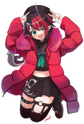  :d absurdres beret black_footwear black_hair black_hat black_serafuku black_skirt black_thighhighs blue_eyes blue_neckerchief blush breasts coat commentary_request crop_top demon_girl demon_horns demon_tail ear_piercing female full_body grey_horns hair_between_eyes hat highres horns jumping legwear_garter looking_at_viewer multicolored_hair nanashi_inc. neckerchief official_alternate_costume open_clothes open_coat open_mouth piercing pointy_ears red_coat red_hair ryugasaki_rene ryugasaki_rene_(3rd_costume) school_uniform serafuku shoes short_hair signature simple_background skirt smile sneakers solo spiked_thighlet sugar_lyric tail thighhighs two-tone_hair v virtual_youtuber white_background zono_(inokura_syuzo029) 