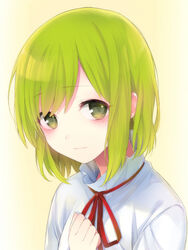  aged_down alternate_hair_color blush clenched_hand closed_mouth commentary_request female frown gradient_background green_eyes green_hair hand_on_own_chest high_collar kagerou_project kido_tsubomi looking_at_viewer neck_ribbon ocha_(hutuumikan) red_ribbon ribbon shirt short_hair solo upper_body white_background white_shirt yellow_background 