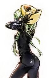  animal_helmet ass bad_id bad_pixiv_id biker_clothes bikesuit black_bodysuit bodysuit breasts c.c. celty_sturluson celty_sturluson_(cosplay) code_geass commentary_request cosplay creayus durarara!! female green_hair helmet long_hair medium_breasts motorcycle_helmet removing_helmet solo yellow_eyes 