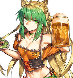  :/ ahoge alcohol alternate_costume animal_ears armpits atalanta_(fate) beer beer_mug blonde_hair breasts cat_ears choker cleavage closed_mouth commentary_request cosplay cup fate/apocrypha fate/grand_order fate_(series) female green_eyes green_hair holding holding_cup long_hair looking_at_viewer mata_hari_(fate) mata_hari_(fate)_(cosplay) mata_hari_(mata_hari&#039;s_tavern)_(fate) melon22 mug multicolored_hair navel off-shoulder_shirt off_shoulder orange_shirt shirt small_breasts solo stomach two-tone_hair v-shaped_eyebrows very_long_hair 