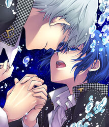  1boy blue_eyes blue_hair bubble commentary_request couple crossdressing female holding_hands interlocked_fingers iwatsuki narukami_yuu persona persona_4 reverse_trap school_uniform shirogane_naoto short_hair straight tears 