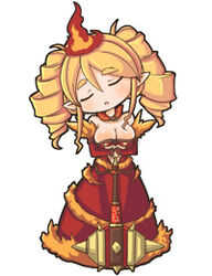  blonde_hair breasts chibi choker cleavage closed_eyes crown dress drill_hair female fire genderswap_(mtf) lowres mace medium_breasts nefarian personification ragnaros rule_63 solo warcraft weapon world_of_warcraft 