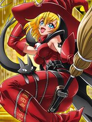  ass black_cat blonde_hair blue_eyes breasts broom cape digimon digimon_collectors dress eye_markings facial_mark facial_markings familiar fangs feline hat high_collar large_breasts lowres monster_girl saddle tattoo witch witch_hat witchmon 