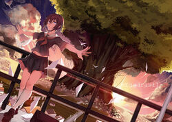  ayan bag bird brown_hair commentary_request dutch_angle female original outstretched_arms paper photoshop_(medium) pigeon pleated_skirt purple_eyes school_bag school_uniform serafuku short_hair skirt sky solo spread_arms standing tree twilight yggdrasil 