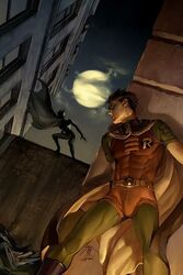  1boy batgirl batman_(series) black_hair cape cassandra_cain city dc_comics domino_mask female hiding jo_chen mask moon night robin_(dc) signature sky tim_drake 