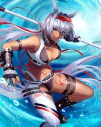  absurdres animal_ears arm_guards arm_strap asymmetrical_clothes bare_shoulders belt belt_buckle bikini black_bikini black_gloves black_hairband blue_eyes body_markings breasts buckle caenis_(fate) caenis_(swimsuit_rider)_(fate) caenis_(swimsuit_rider)_(second_ascension)_(fate) cleavage collarbone cropped_vest elbow_gloves eyewear_on_head fate/grand_order fate_(series) female fingerless_gloves gloves hairband harpoon highres kankitsurui_(house_of_citrus) large_breasts long_hair looking_at_viewer nail_polish navel ocean open_mouth single_pantsleg smile solo studded studded_belt studded_gloves sunglasses swimsuit thigh_strap thighs toenails tongue very_long_hair vest waves white_hair white_legwear white_nails white_vest 