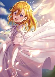  :d dress english_commentary evening female hair_between_eyes highres long_hair looking_at_viewer looking_back love_live! love_live!_superstar!! orange_hair outdoors outstretched_arms petals purple_eyes ranemu shibuya_kanon short_sleeves sidelighting signature sky smile spread_arms teeth tongue upper_teeth_only white_dress 