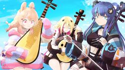  3girls animal_ears artist_request bear_ears bear_girl black_skirt blonde_hair blue_bow blue_eyes blue_hair bow braid breasts closed_eyes commentary crop_top english_commentary eyebrows_hidden_by_hair fujikura_uruka fujikura_uruka_(1st_costume) hood hoodie instrument jacket kuma_(fujikura_uruka) long_hair mandolin medium_breasts multiple_girls music phase_connect pink_eyes pink_hair pipkin_pippa pipkin_pippa_(1st_costume) playing_instrument rabbit_ears rabbit_girl rinkou_ashelia rinkou_ashelia_(1st_costume) second-party_source skirt smile twitter_username virtual_youtuber white_jacket 