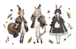  3girls :d :o absurdres acorn acorn_hair_ornament animal_ears arm_at_side arms_at_sides bag bandaid bandaid_on_knee bandaid_on_leg berry black_footwear black_hair black_headwear blonde_hair blunt_bangs bobby_socks braid branch brown_capelet brown_hair buckle capelet carrot_hair_ornament cat_ears cat_girl cat_tail closed_mouth collared_dress commentary cross-laced_footwear dress eyelashes fish_hair_ornament floating food-themed_hair_ornament frilled_dress frilled_hairband frills frown full_body green_eyes grey_eyes gwayo hair_ornament hair_ribbon hairband hairclip hand_on_own_cheek hand_on_own_face hands_up hat hat_ornament hat_tassel highres kneehighs layered_dress layered_sleeves leaf legwear_garter light_brown_hair long_hair long_sleeves multiple_girls off_shoulder orange_eyes original paw_pose puffy_long_sleeves puffy_sleeves rabbit_ears rabbit_girl ribbon shawl shoes short_hair short_jumpsuit short_over_long_sleeves short_sleeves shoulder_bag side_braid simple_background sleeves_past_wrists smile snap-fit_buckle socks squirrel_ears squirrel_girl squirrel_tail symbol-only_commentary tail tail_wrap tassel themed_object twin_braids updo white_background white_dress white_legwear 