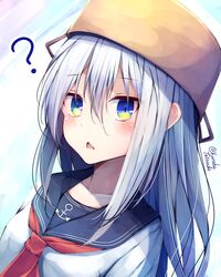  ? anchor_symbol black_sailor_collar blue_eyes blush collarbone commentary female grey_hair hair_between_eyes hibiki_(kancolle) highres kantai_collection long_hair long_sleeves neckerchief open_mouth portrait pot_on_head red_neckerchief sailor_collar school_uniform serafuku solo symbol-only_commentary tateishi_kureha triangle_mouth upper_body 