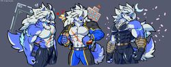  2019 abs absurd_res anthro belt biceps canid canine canis cheong_hwan clothed clothing digital_media_(artwork) duo fingerless_gloves fox fur gloves hair handwear hi_res male mammal multicolored_body multicolored_fur multiple_outfits muscular muscular_anthro muscular_arms muscular_male pecs scar simple_background solo sye_(wolfmalro) white_body white_fur wolf wolfmalro 