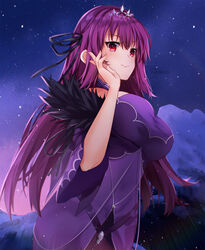  artist_name breasts dress fate/grand_order fate_(series) feather_trim female hair_between_eyes headpiece highres k-rumi large_breasts long_hair looking_at_viewer photoshop_(medium) purple_dress purple_hair red_eyes ribbon scathach_(fate) scathach_skadi_(fate) smile solo tiara 