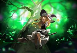  :d apron bare_tree black_bow black_footwear black_hat black_skirt black_vest blonde_hair bow braid breedo broom broom_riding commentary english_commentary female floating_hair frilled_skirt frills full_body green_theme hairbow hand_on_headwear hand_up hat hat_bow highres kirisame_marisa long_hair looking_up mary_janes plant puffy_short_sleeves puffy_sleeves red_scarf scarf shirt shoes short_sleeves single_braid skirt skirt_set smile socks solo sparkle star_(symbol) touhou touhou_lost_branch_of_legend tree vest waist_apron white_apron white_bow white_shirt white_socks witch_hat yellow_eyes 