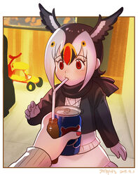  atlantic_puffin_(kemono_friends) bird_wings black_hair black_jacket black_scarf can commentary dated drink_can drinking_straw female head_wings highres jacket japari_symbol kemono_friends korean_commentary long_sleeves medicine medicine_bottle multicolored_hair photo-referenced photoshop_(medium) pov pov_hands red_eyes roonhee scarf soda_can solo_focus trick white_hair wings 