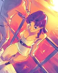  belt cleavage clothing dress large_breasts misato_katsuragi neon_genesis_evangelion optionaltypo purple_hair seductive_look seductive_smile sunset thick_thighs 