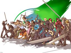  3boys 4boys 4girls aerith_gainsborough animal armor bald black_hair blonde_hair boots brown_hair cait_sith cid_highwind cloud_strife dark_skin dress elena_(ff7) everyone feline female final_fantasy final_fantasy_vii formal gun kadaj long_hair loz male multiple_boys multiple_girls polearm red_hair red_xiii reno rude rufus_shinra sephiroth silver_hair simple_background spear standing suit sunglasses sword tifa_lockhart tseng turks turtleneck vincent_valentine weapon yazoo yuffie_kisaragi zack_fair 