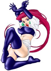  bb blue_eyes breasts earrings elbow_gloves erect_nipples gloves jewelry large_breasts latex latex_gloves lipstick long_hair makeup midriff musashi_(pokemon) nintendo pokemon red_hair red_hair simple_background team_rocket thigh-highs thighhighs thighs 