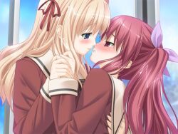  blonde_hair blue_eyes blush eye_contact hand_holding hug incipient_kiss kissing love matsubara_yuuna multiple_girls oda_nanami red_eyes red_hair red_hair school_uniform schoolies sono_hanabira_ni_kuchizuke_wo suggestive twintails yuri 