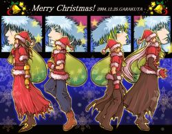  4boys black_hair blonde_hair christmas cloud_strife final_fantasy final_fantasy_vii hat long_hair male male_focus multiple_boys santa santa_costume santa_hat sephiroth silver_hair smile snowflake snowflakes vincent_valentine walking zack_fair 