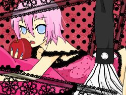  androgynous apple bed black_skin blue_eyes blue_nails crona_(soul_eater) food fruit gloves hair_between_eyes lingerie lying makenshi_chrona nail_polish off_shoulder on_bed on_stomach open_mouth pajamas panties parody pillow pink_hair ragnarok_(demon_sword) romeo_and_cinderella_(vocaloid) romeo_to_cinderella_(vocaloid) short_hair soul_eater spikes strap_slip striped striped_gloves underwear vocaloid wristband 