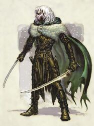  cloak dark_elf dark_skin drizzt_do&#039;urden drow dual_wield dungeons_&amp;_dragons dungeons_and_dragons elf forgotten_realms official_art scimitar sword white_hair 